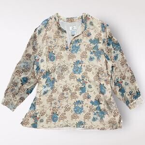 ICE Vintage Silk Beaded Blouse Womens Size 3X Beige Blue Boho Floral